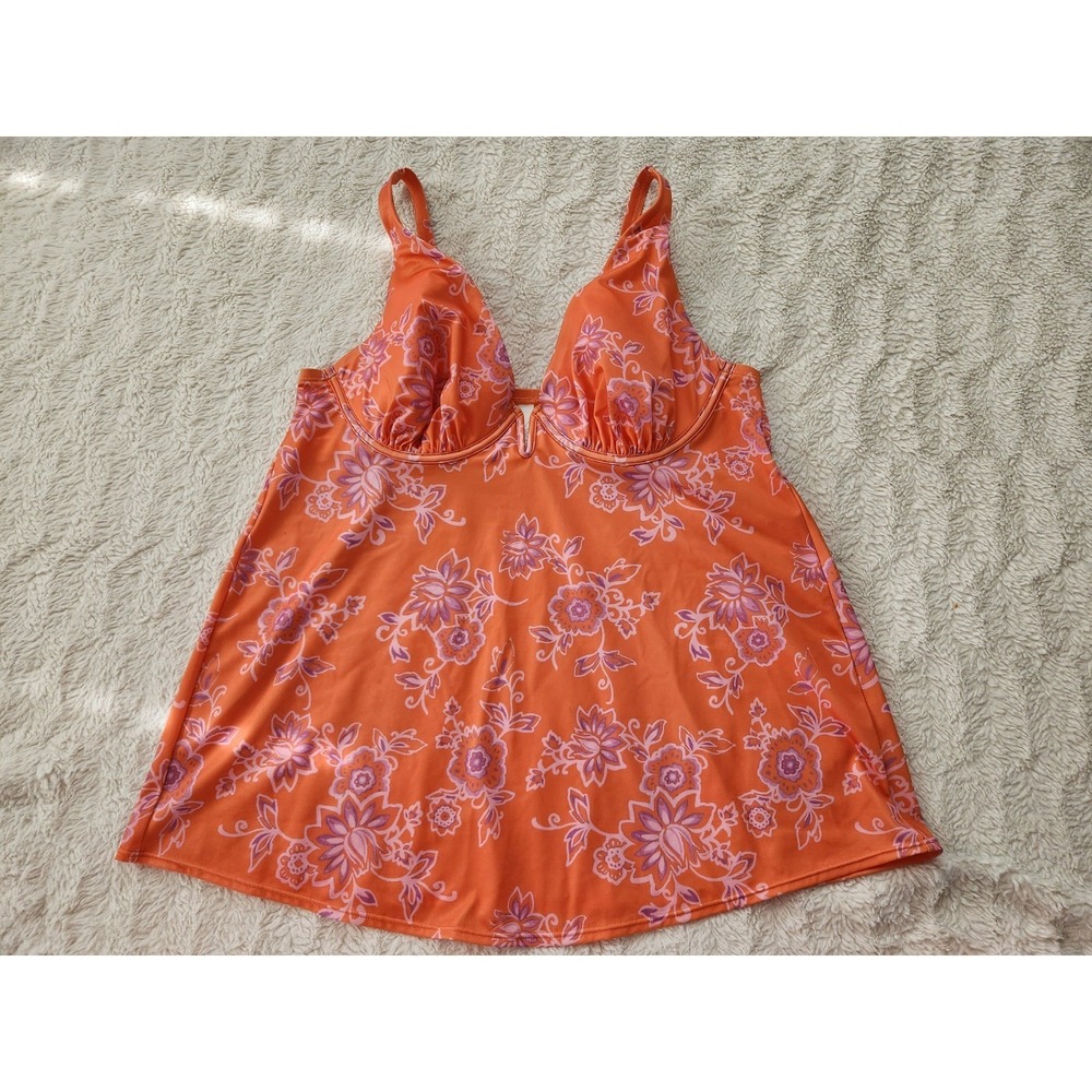 Cacique Swim Tankini Top 38DD Womens Orange Floral Lightly Lined Plunge Swimwear